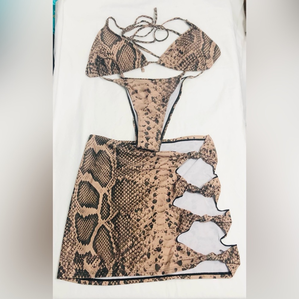 Swimsuit Snake sarong bikini skirt neck strings top bras brown.L